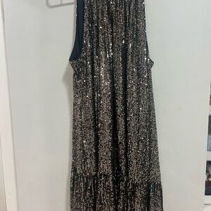 Taylor Black and Gold Sequin Midi Dress